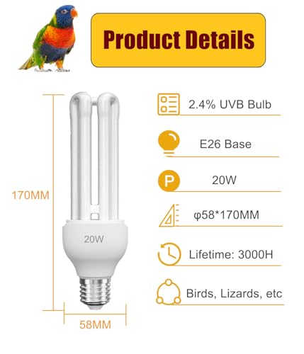 KINGYEENUO E26 UVA UVB Light Bulb for Birds 2.4 UVB 20W Compact Flourescent Lamp for All Kinds Captive Birds, Natural Sunlight Simulation Bird Parrot Light Bulb Compact UVB Lamp Bird Cage UVB Light