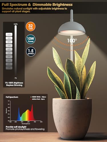 GLOWRIUM Smart Grow Lights for Indoor Plants,10W Full Spectrum LED Plant Light with 3/9/12 Timer,10 Dimmable Levels,Height Adjustable Grow Light with Base (White) - color: White