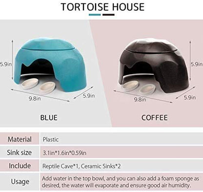 Reptile Hideouts Box with 2 Ceramic Sinks to Increase Humidity Terrarium Reptile Hide Habitat Humidify Cave for Turtle Lizard Tortoise Amphibians Snake, 9.8x5.9x5.9 - color: Blue