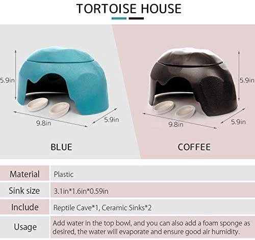 Reptile Hideouts Box with 2 Ceramic Sinks to Increase Humidity Terrarium Reptile Hide Habitat Humidify Cave for Turtle Lizard Tortoise Amphibians Snake, 9.8x5.9x5.9 - color: Blue
