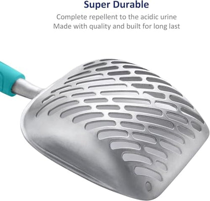 WePet Cat Litter Scoop, Aluminum Alloy Sifter, Kitty Metal Scooper, Deep Shovel with Diagonal Sifting Hole, Long Handle, Kitten Poop Lifter for Litter Box, Medium Size, Green Handle - color: #03 Green, size: Medium