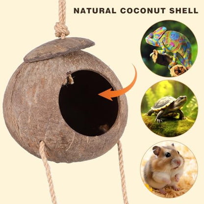 Reptile Hide Cave with Ladder Synthetic Coconut Shell Shelter for Lizard Tank Accessories Reptile Enclosure Decor 28.34X4.72X2.36In