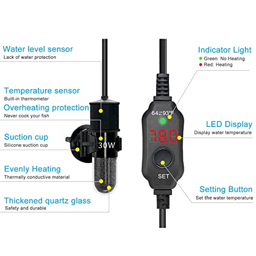 YukiHalu Super Mini Aquarium Heater, 10W 20W 30W Adjustable Fish Tank Heater with External Controller, Overheating Protection, Digital Display, Used for 0.5-3 Gallons(10 watts) - size: 10 Watts
