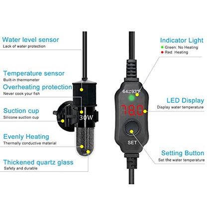 YukiHalu Super Mini Aquarium Heater, 10W 20W 30W Adjustable Fish Tank Heater with External Controller, Overheating Protection, Digital Display, Used for 0.5-3 Gallons(10 watts) - size: 10 Watts