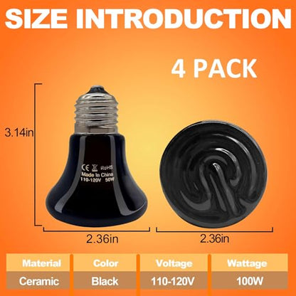 BNOSDM Reptile 100W Ceramic Heat Emitter,4 Pack Reptile Heat Lamp Bulbs,Ceramic Heat Lamp,Brooder Coop Heater for Amphibian Reptile Lizard Turtle Chicken - color: Pack of 4/Black, size: 100 Watts