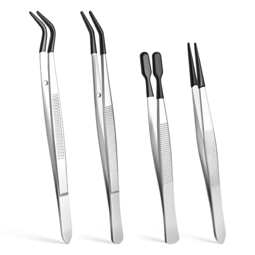 4 Pieces Tweezers with Rubber PVC Coated Set Silicone Tip Tweezers Coated Flat and Bent Forceps for Lab Industrial Crafting, Jewelry, Electronics, and Lab Work