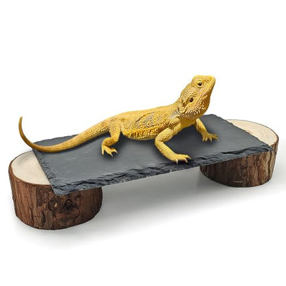 Bearded Dragon Basking Platform,Reptile Basking Platform Slate Rocks with Wooden Pile,Leopard Gecko Hides and Caves Climbing Tank Accessories for Lizards Snakes Tortoise Ball Python(Small)