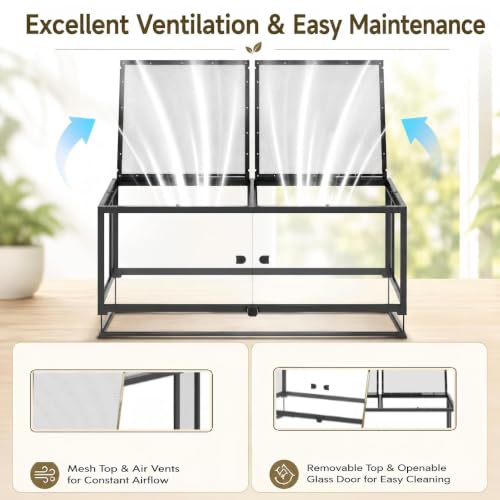 Erinnyees 50 Gallon Reptile Terrarium, Tempered Glass Reptile Enclosure with Raised Waterproof Base, Front Opening Doors, Top Screen Ventilation, Cable Outlet for Snake, Lizard, Gecko, Frog, Turtle - size: 50 Gallon