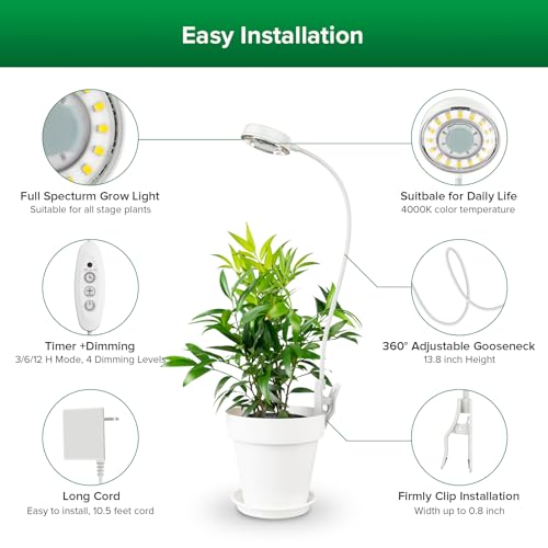 SANSI Grow Light for Indoor Plants, Clip-on LED Full Spectrum Plant Lamp with 4-Level Dimmer, Auto On/Off Timer (3/6/12 Hrs) - White, 10W 1-Pack - size: 1-Pack