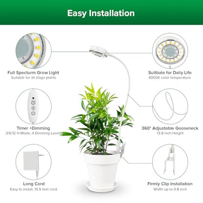 SANSI Grow Lights for Indoor Plants, Pot Clip LED Plant Light for Growing Full Spectrum, Plant Growing Lamp with 4-Level Dimmable, Auto On Off 3 6 12 Hrs Timer for Pot Plants, White 10W 2-Pack - size: 2-Pack