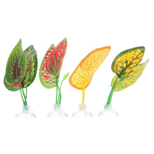 PRETYZOOM Artificial Reptile Plants 4pcs with Suction Cups, Simulated Terrarium Leaves for Snake, Lizard, Turtle Enclosure Decoration, Plastic Habitat Supplies for Reptile Tanks