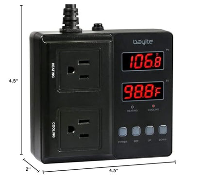 Temperature Controller 1650W 15A BTC211 Dual Digital Outlet Thermostat Plug, Pre-Wired, 2 Stage Heating and Cooling Mode, 110V - 240V, Fermentation BBQ Reptile Aquarium