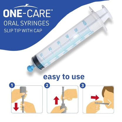ONE-CARE 60ml Oral Syringe with Cap - Sterile, Individually Wrapped - 25 Syringes/box (25 Pack), Slip Tip, Syringe for Liquid, Versatiie use - size: 60ml