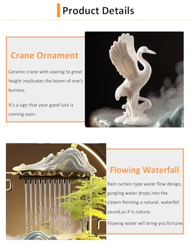Tabletop Water Fountains Indoor Waterfall Fountain with Mist LED Light Feng Shui Wealth Desk Fountain with Backflow Incense Holder Zen Decor for Meditation (Crane) | Tabletop Water Fountains with Backflow Incense Holder, Indoor Meditation Water Feature fo