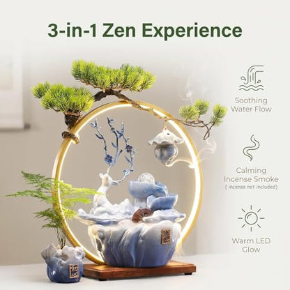 Tabletop Water Fountain, 17.3”Tall Deer Statue Waterfall Fountain with Incense Holder, LED Light & Adjustable Pump, Zen Relaxation Desk Fountains for Office,Living Room or Bedroom
