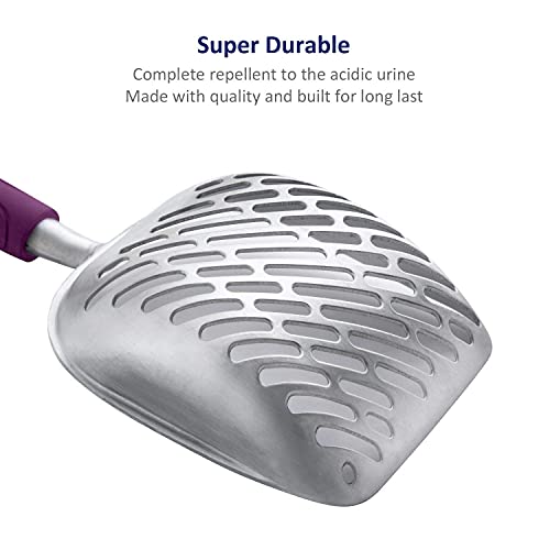 WePet Cat Litter Scoop, Aluminum Alloy Sifter, Kitty Metal Scooper, Deep Shovel with Diagonal Sifting Hole, Long Handle, Kitten Poop Lifter for Litter Box, Medium Size, Violet Handle - color: #07 Violet, size: Medium