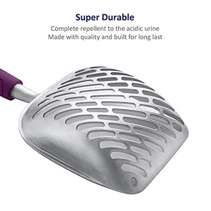 WePet Cat Litter Scoop, Aluminum Alloy Sifter, Kitty Metal Scooper, Deep Shovel with Diagonal Sifting Hole, Long Handle, Kitten Poop Lifter for Litter Box, Medium Size, Violet Handle - color: #07 Violet, size: Medium
