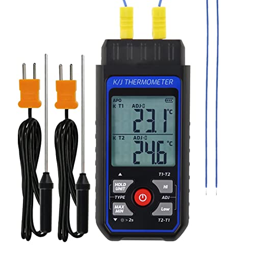 Dual-Channel K/J Thermocouple Thermometer with 4 K-Type Thermocouples -328°F ~ 2501°F Measurement Range HVAC Temperature Meter Gauge with Data Hold, MAX/MIN/AVG, Hi/Lo Backlit Alarm, ADJ Compensation - color: Digital Dual Channels K J Type Thermometer