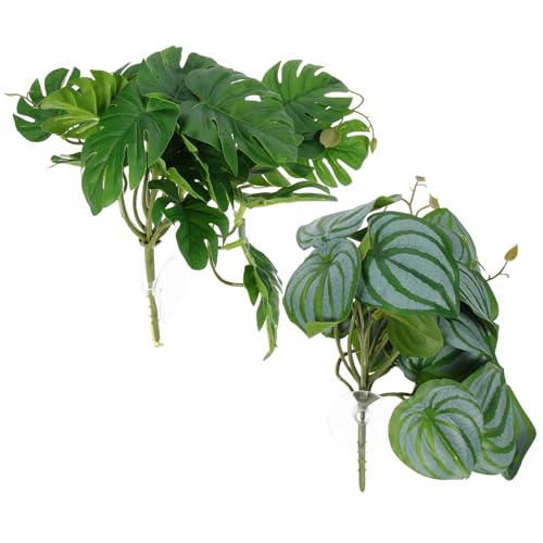 DOITOOL 2pcs Artificial Reptile Plants for Terrarium Habitat Decor with Suction Cup, Lifelike Simulation Plant Ornaments, 46 Leaves Including Watermelon and Monstera Styles for Reptile