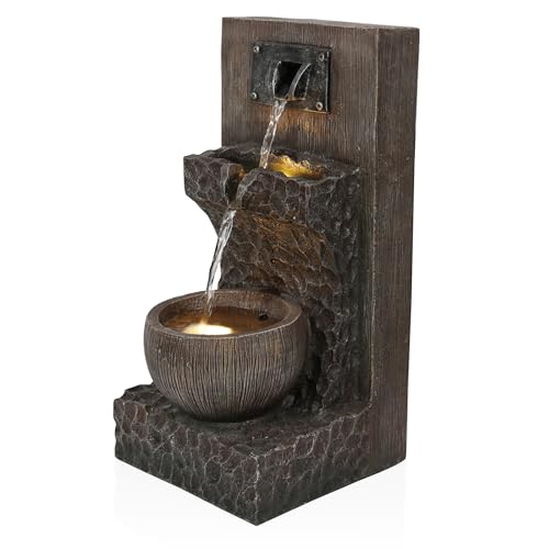Alpine Corporation ZDQ108 Indoor/Outdoor Floor 3-Tier Fountain with LED Lights, Cascading Garden Water Fountain, 20" H, Brown - style: 20"H - Brown 3-Tier w/ LEDs