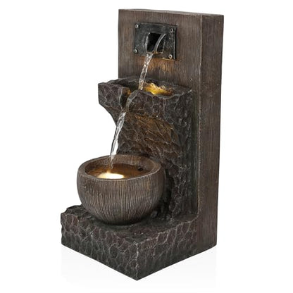 Alpine Corporation ZDQ108 Indoor/Outdoor Floor 3-Tier Fountain with LED Lights, Cascading Garden Water Fountain, 20" H, Brown - style: 20"H - Brown 3-Tier w/ LEDs