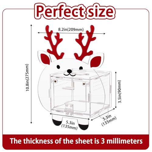 Acrylic Jumping Spider Enclosure 4.7x4.7x3.5 Inches, Magnetic Front Opening Door Escape-Proof Habitat for Tarantulas & Small Reptiles, Cute Deer-Shaped Acrylic Terrarium