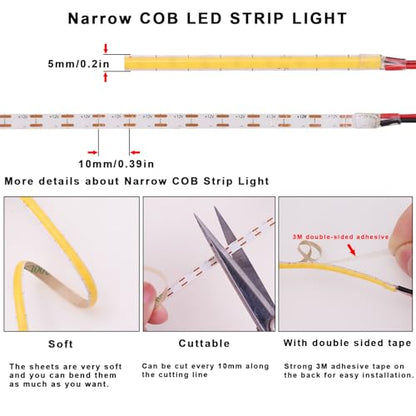 TOPAI 12V Thin 5mm COB LED Strip Waterproof 3000K Warm White 16.4ft Bright 4000Lm CRI>90 Uniform Dotless 400LEDs/M Self Adhesive Flexible Cuttable for DIY, Bedroom, Under Cabinet Lighting - color: Warm White 3000K