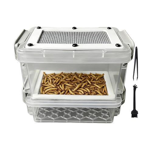 Mealworm Container | Anti-Moisture Poop Filter Habitat | with Tweezer and Brush Odor-Proof Mealworm Breeding Habitat | for Sugar Glider Chicken Lizard Frog Tortoise - color: fine mesh
