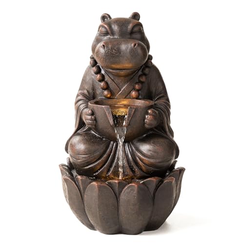 Glitzhome Water Fountain Outdoor, Outdoor Fountain with Lights, Zen-Style Water Fountain with Pump, 22" H 2-Tiered Bronze Hippo Polyresin Water Feature for Home Patio Garden Backyard Decor - color: Bronze Hippo, size: 22"H