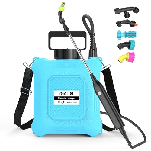 Upgraded 2-Gallon Battery Sprayer Used for Fertilizer, Pesticides, Weeds & Pests, – USB Charging, 6 Nozzles, 2 Speeds, Retractable Wand, Adjustable Shoulder Strap (Blue) - color: Blue
