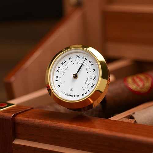 Gold Upgraded Hygrometer Humidity Meter Mini 38mm Round Glass Analog Hygrometer Suitable for Humidors Guitar Violin Thermometer for with Probe