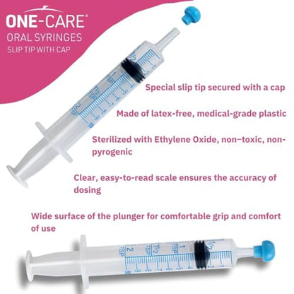 100 Pack, ONE-CARE 10ml Oral Syringe with Cap - Sterile, Individually Wrapped - (100 Syringes 10ml), Slip Tip, Uses include oral administration of medicine for infants, adults and animals - size: 10 ml Blue Scale