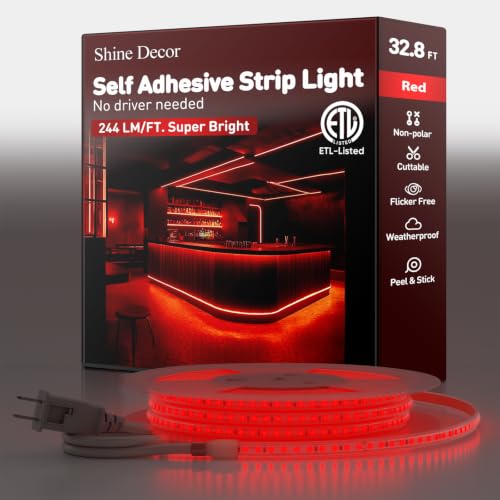 Shine Decor LED Strip Light Super Bright, Plug&Play 120V Driverless Easy Wiring, Flicker Free Weatherproof for Outdoor Indoor, Min. 3.9” Cuttable Stickable, Red 32FT ETL Listed - color: Red, size: 32.8 Ft