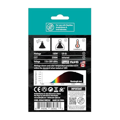 Arcadia Golden Sun Basking Halogen Lamp 100W – Mid Beam Infrared Reptile Heat Lamp Bulb for Bearded Dragons, Tortoises, Iguanas and Turtle Tanks, Long Lasting Easy to Use Indoor Heat Bulb for Reptiles