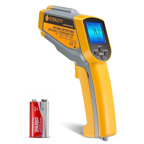 Etekcity Infrared Thermometer 1025D (Not for Human) Dual Laser Temperature Gun-58℉~1022℉ (-50℃~550℃) with Adjustable Emissivity, Non-Contact Voltage Tester (NCV), Standard Size, Yellow & Gray - color: Yellow 2 Laser, style: Advanced