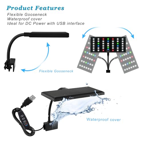 DOMICA Clip On Aquarium Light with Timer for 3 to 8 Gal Fish Tank (Dimmable Full Spectrum LED) USB Moving Lamp for Open Terrarium (Adapter NOT Included), Black, DM-USBLIGHT+T02