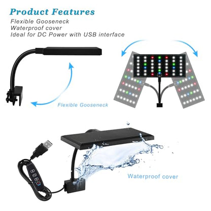 DOMICA Clip On Aquarium Light with Timer for 3 to 8 Gal Fish Tank (Dimmable Full Spectrum LED) USB Moving Lamp for Open Terrarium (Adapter NOT Included), Black, DM-USBLIGHT+T02
