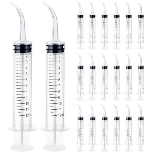 20 Pcs Plastic Syringes with Curved Tip, 12cc Disposable Dental Irrigation Syringe, 12ml Mouthwash Cleaner Syringes for Oral Care Pet Feeding Liquid Measurement - color: Transparent - 20 Pcs