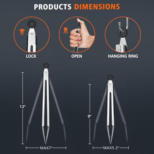 Hotec Stainless Steel Kitchen Tongs, Set of 2-9" and 12", Locking Metal Food Tongs for Cooking, Serving, BBQ, Grill Non-Slip Grip - size: 2pack: 9+12inch