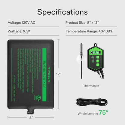 VIVOSUN Reptile Heating Pad 8x12 Inch with Thermostat Combo Under Tank Terrarium Heating Mat for Turtles, Lizards, Frogs, and Other Reptiles (Pack of 2) - size: 8X12 Inch with Thermostat (Pack of 2)