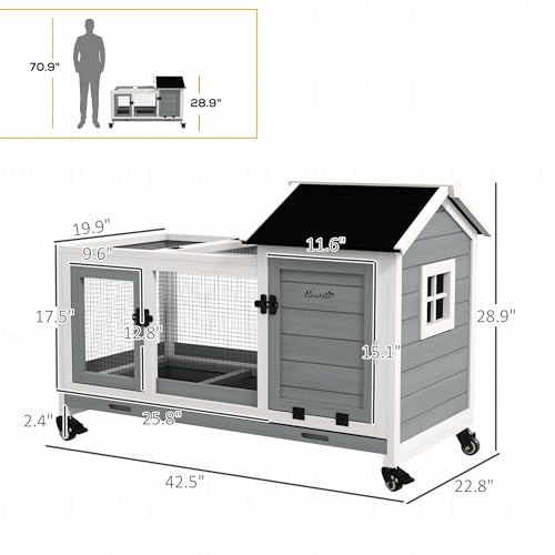 PawHut Wooden Rabbit Hutch with Wheels, Indoor Outdoor Large Bunny Hutch with Run & Slide-Out Tray for Small Animals, Rabbits, Chickens, Ducks, Guinea Pig, Gray - color: Gray