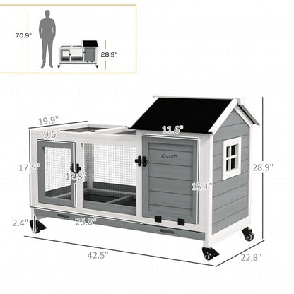 PawHut Wooden Rabbit Hutch with Wheels, Indoor Outdoor Large Bunny Hutch with Run & Slide-Out Tray for Small Animals, Rabbits, Chickens, Ducks, Guinea Pig, Gray - color: Gray