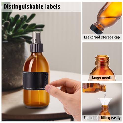 Tecohouse Amber Glass Spray Bottles 8.8 oz, 2 Pack Empty Spray Bottle for Essential Oils, Small Glass Bottles for Cleaning Solutions, Plants, Hair with Durable Nozzle, Labels, Funnel - color: 8.8 oz Amber