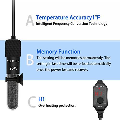 YOFOTHS Adjustable Mini Aquarium Heater3-5 Gallons Submersible Small Fish Tank Heater 25W Digital Display Thermostat External Temperature Controller (25W) - size: 25W