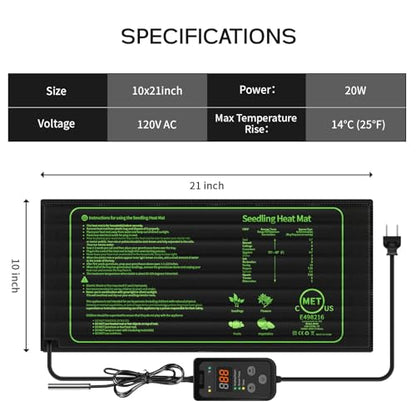 SYSAI Seedling Heat Mat 10" x 21" with Digital Thermostat, Waterproof Heating Pad for Indoor Seed Starting, Germination, Greenhouse & Reptile Tank