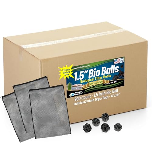Aquatic Experts 1.5" Large Bio Balls for Ponds – Biological Filter Media for Waterfalls & Outdoor Pond Filters, Treats Up to 3,000 Gallons (900 Count + Three 14" x 20" Mesh Bags) - size: 900 Count with (3) 14" x 20" Mesh Bags