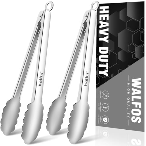 Walfos tongs for cooking, All Metal Kitchen Tongs 600℉ Heat Resistant, Heavy Duty Locking Tongs 2-piece 12 Inch - color: All Metal, size: 12in+12in