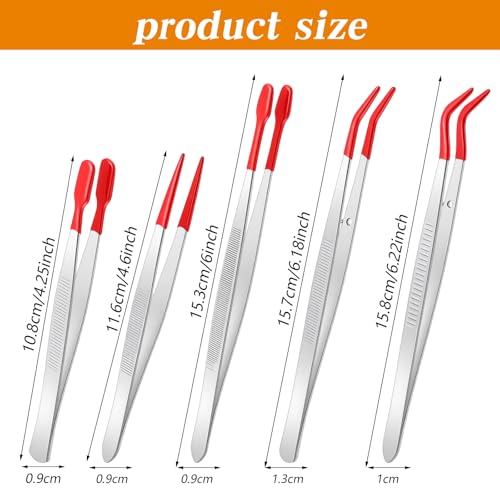 5pcs Tweezers with Rubber Tips,5 Different Sizes of Long Rubber Tweezers for Crafts Precision, Silicone Tweezer for Jewelry, Bead Making, and Industrial Use, Red