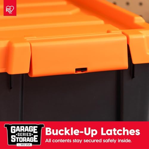 IRIS USA 4 Pack 12 Gallon Lockable Storage Bins, Heavy Duty Stackable Containers with Lids for Garage Organization or Moving, Black/Orange - size: Size_12 Gal - 4 Pack
