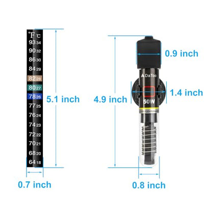 DaToo Mini Aquarium Heater 50W Small Fish Tank Heater 50 Watt with Free Thermometer Sticker - size: 50W